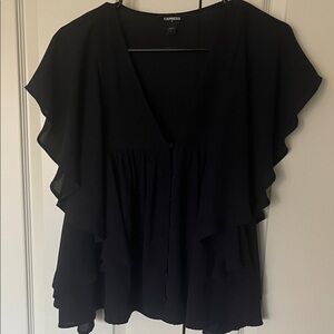 Express Navy Ruffle V-Neck Flutter Sleeve Blouse